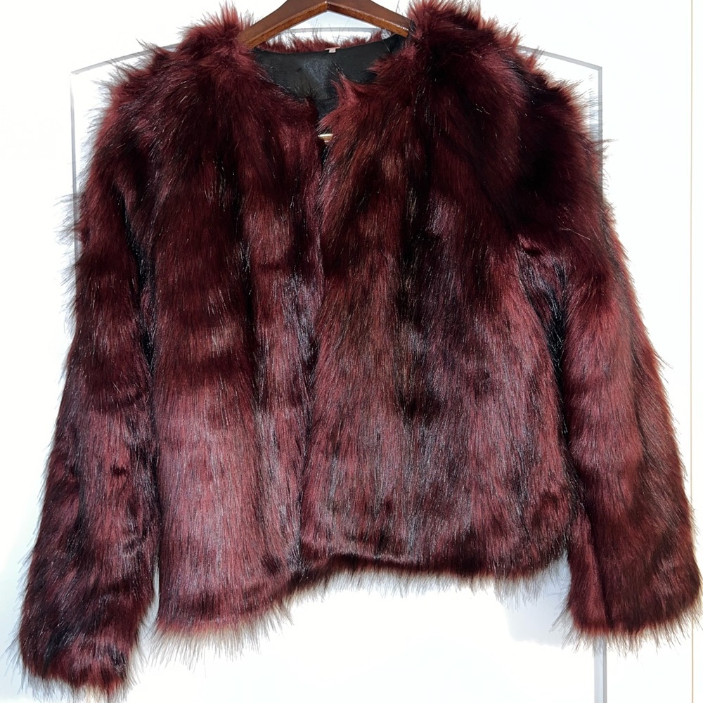 Free People Faux Fur Teddy Jacket in Deep Burgundy, Size M, runs Large